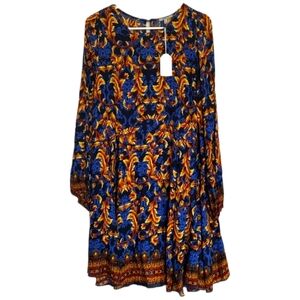 JODIFL Blue Orange Floral Shift Dress Scoop Neck Balloon Sleeves Flaw* NWT Sz LG